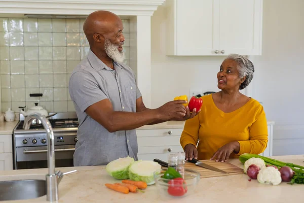 Senior African American Couple Cooking Together Kitchen Smiling Retreat Retirement — Stock Photo, Image