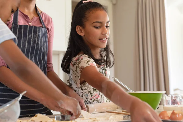 Happy African American Mother Son Daughter Baking Kitchen Cutting Cookies — Stock Photo, Image