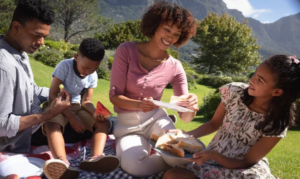 Felice Coppia Afroamericana Con Figlio Figlia All Aperto Facendo Picnic — Foto Stock