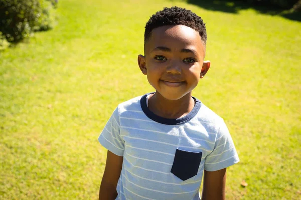 Portrait Happy African American Boy Outdoors Smiling Sunny Garden Childhood — Stock Photo, Image