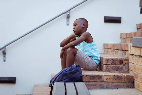 Bored African American Schoolboy Sitting Steps School Yard Childhood Education — Stock Photo, Image