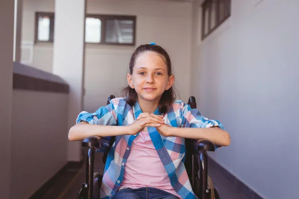 Portrait Smiling Disabled Caucasian Schoolgirl Sitting Wheelchair School Corridor Childhood — Stock Photo, Image