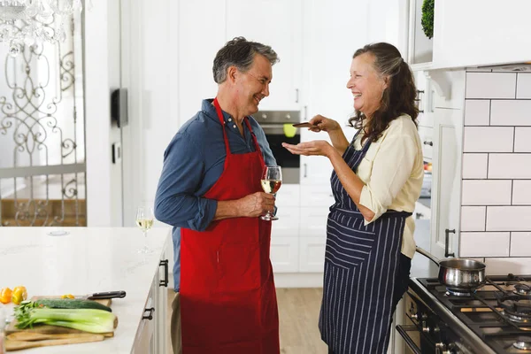 Felice Coppia Caucasica Anziana Cucina Cucinare Insieme Bere Vino Stile — Foto Stock