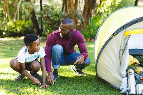 African American Father Son Having Fun Pitching Tent Garden Family — Stock Photo, Image