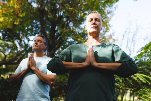 Couple Caucasien Sénior Paisible Pratiquant Yoga Méditant Dans Jardin Ensoleillé — Photo