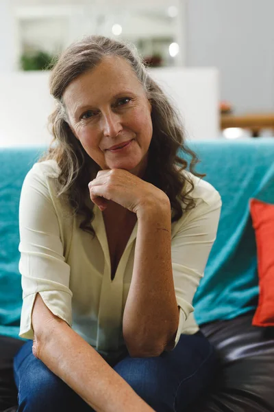 Portrait Happy Senior Caucasian Woman Living Room Sitting Sofa Looking — Stock Photo, Image