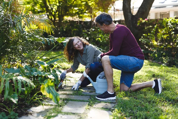 在阳光灿烂的花园里 快乐的老夫妇一起种花 健康的退休生活方式 呆在家里 — 图库照片