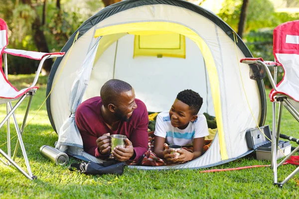 African American Father Son Having Fun Lying Tent Garden Family — Stock Photo, Image