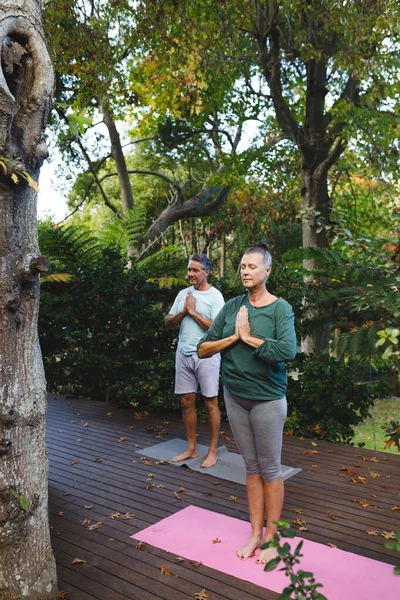 Feliz Casal Caucasiano Sênior Praticando Ioga Meditando Jardim Ensolarado Estilo — Fotografia de Stock