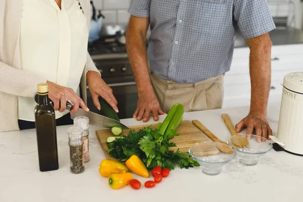 Feliz Pareja Ancianos Caucásicos Cocina Moderna Cocinar Juntos Estilo Vida — Foto de Stock