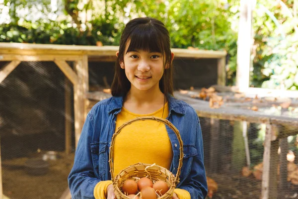 園内の鶏舎から卵を集め アジアの少女が笑顔で籠を持っている姿が描かれている 家庭での有機的な生産と自給率は — ストック写真
