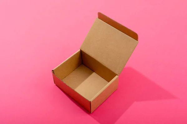 Composition Open Empty Cardboard Gift Box Pink Background Christmas Gift — Stock Photo, Image