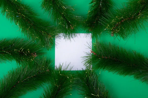 Samenstelling Van Witte Kaart Met Kopieerruimte Omlijst Met Dennenbomen Takken — Stockfoto