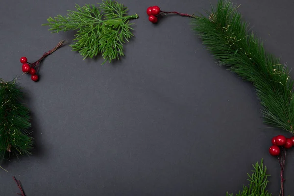 有浆果的树枝的组成 并在黑色背景上复制空间 圣诞节 传统和庆祝概念 — 图库照片