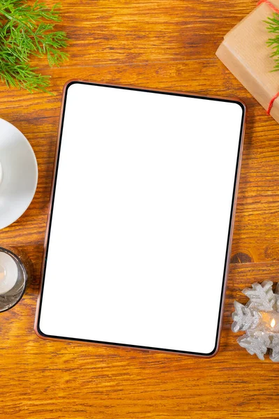 Tablet Kompozisyonu Fotokopi Alanı Ahşap Arka Planda Noel Süslemeleri Noel — Stok fotoğraf