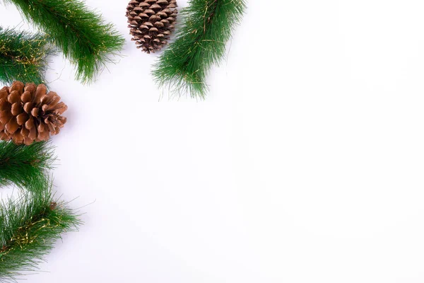 Composizione Rami Abete Con Pigne Spazio Copia Sfondo Bianco Natale — Foto Stock