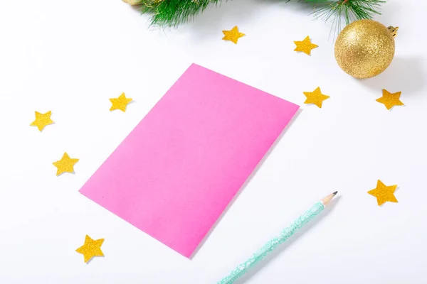 Composition Pink Card Copy Space Stars Pencil Bauble White Background — Stock Photo, Image