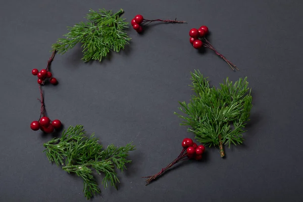 Composition Tree Branches Berries Copy Space Black Background Christmas Tradition — Stock Photo, Image