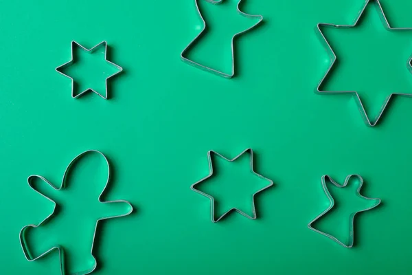 Composition Star Angel Ginger Man Cookie Cutters Green Background Christmas — Stock Photo, Image