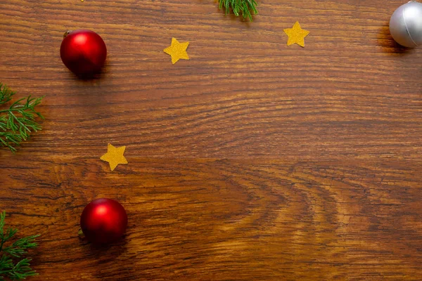 Composizione Decorazioni Natalizie Con Palline Spazio Copia Sfondo Legno Natale — Foto Stock