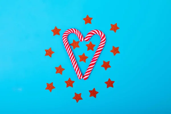 Composition Candy Canes Red Stars Blue Background Christmas Tradition Celebration — Stock Photo, Image