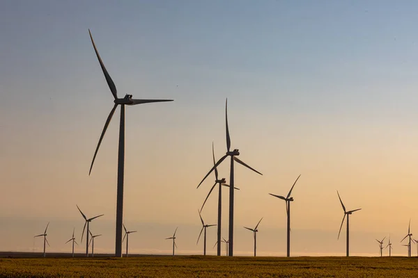 无云天空下的乡村风景风力涡轮机概况 可持续性 可再生能源 全球变暖和气候变化意识 — 图库照片