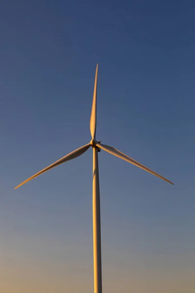 雲のない空と田舎の風景の中に風力タービンの閉鎖 持続可能性 生態系 再生可能エネルギー 地球温暖化と気候変動への意識 — ストック写真