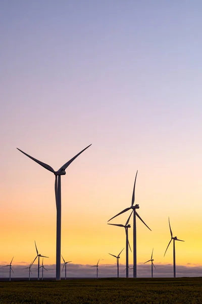 Vista Geral Das Turbinas Eólicas Paisagem Rural Durante Pôr Sol — Fotografia de Stock