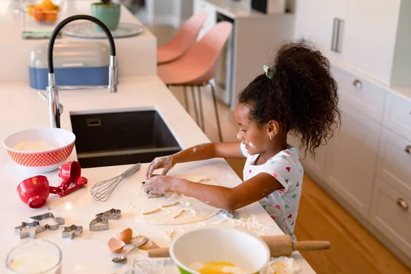 Focused African American Messy Girl Baking Kitchen Baking Cooking Childhood — Stock Photo, Image