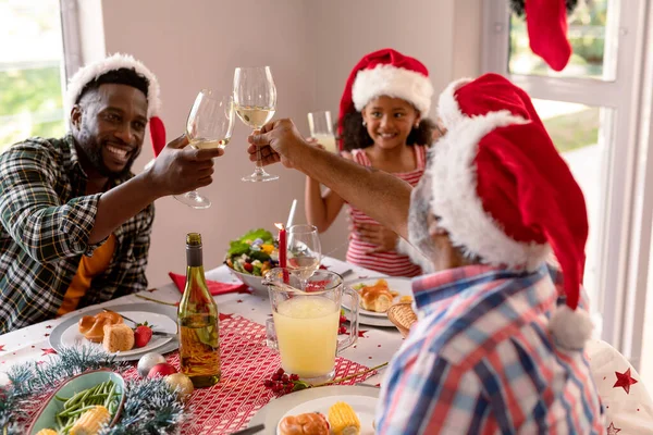 모자를 포도나무와 건배하고 크리스마스 식사를 가족의 크리스마스 집에서 — 스톡 사진