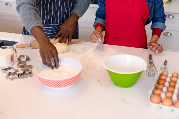 Midsection African American Couple Wearing Aprons Baking Together Family Time — Stock Photo, Image