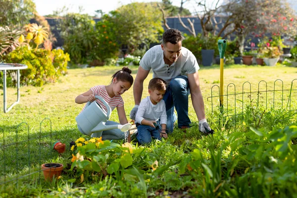幸せな白人の父 娘と息子の園芸と散水植物を一緒に 家族で家や庭で楽しみながら — ストック写真