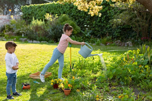 幸せな白人の妹と弟は一緒に植物に水をやります 家族で家や庭で楽しみながら — ストック写真
