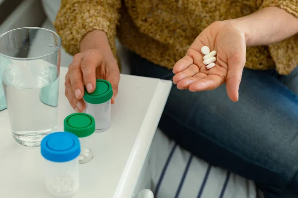 Hands Woman Taking Pills Sitting Bed Senior Health Lifestyle Home — Stock Photo, Image