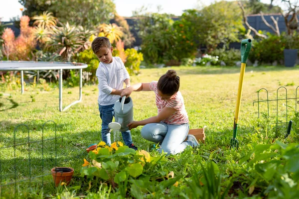 Joyeux Caucasien Soeur Frère Arrosant Les Plantes Ensemble Temps Famille — Photo