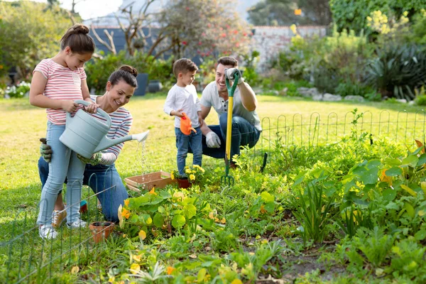 Happy Caucasian Family Gardening Watering Plants Together Family Time Having — Stock Photo, Image