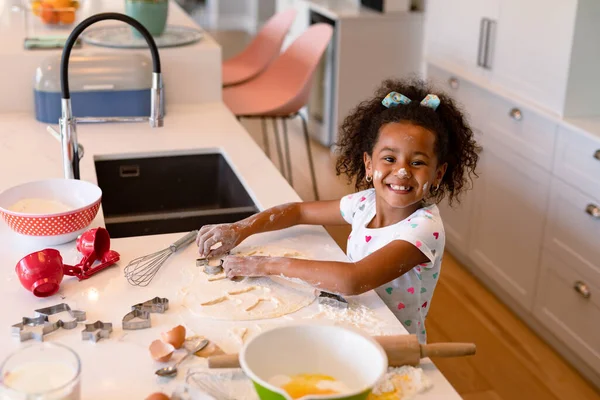 Happy African American Messy Girl Baking Kitchen Baking Cooking Childhood — Stock Photo, Image