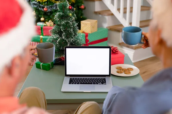 Back View Caucasian Senior Couple Using Laptop Having Video Call — Stock Photo, Image