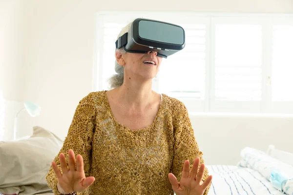 Happy Senior Caucasian Woman Wearing Headset Having Fun Active Retirement — Stock Photo, Image
