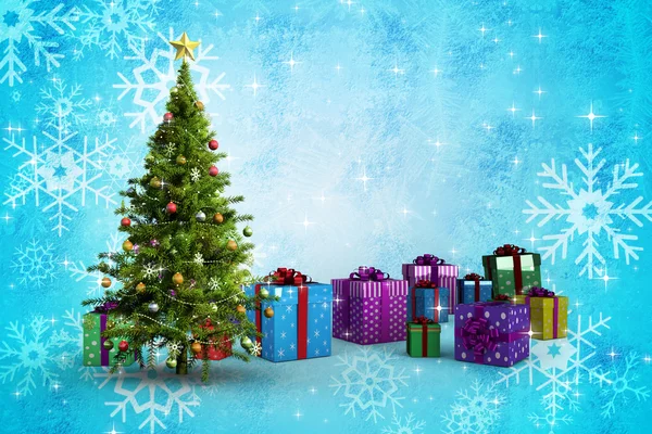 Σύνθετη εικόνα του χριστουγεννιάτικου δέντρου και δώρα — Φωτογραφία Αρχείου