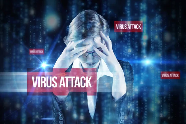 Word virus attack and redhead businesswoman — Stock Photo, Image