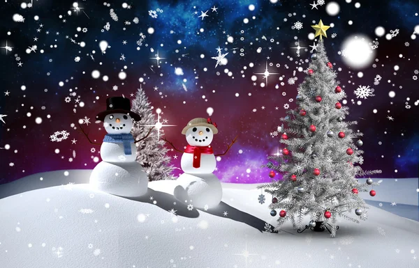 Composite image of christmas tree and snowmen — Stock Photo, Image