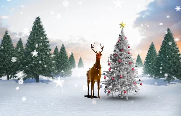 Samengestelde afbeelding van kerstboom en rendieren — Stockfoto