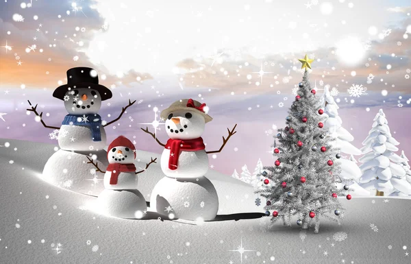 Composite image of christmas tree and snowmen — Stock Photo, Image