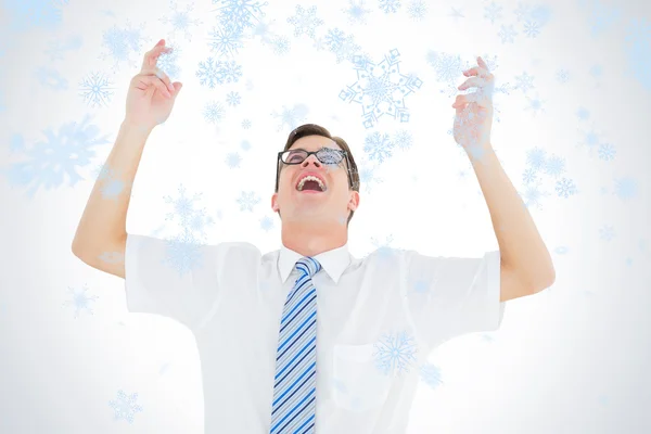 Geeky happy businessman with arms up — Stock Photo, Image