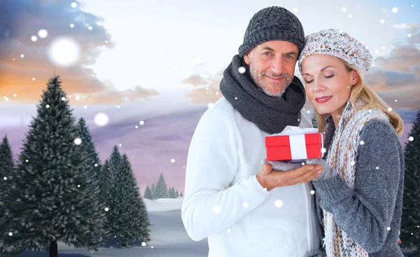 Vintern par med gåva — Stockfoto