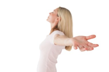 Side view of woman stretching hands clipart