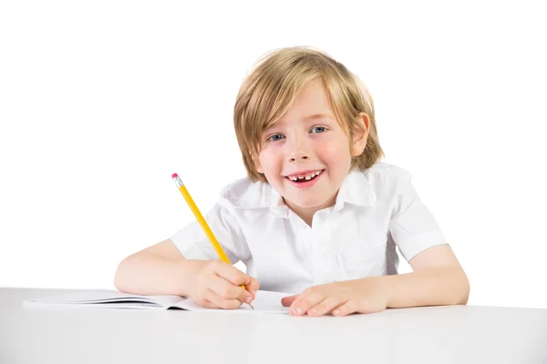 Joyeux enfant écrivant ses devoirs — Photo