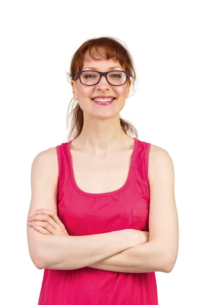 Vrouw met glazen en glimlachen — Stockfoto