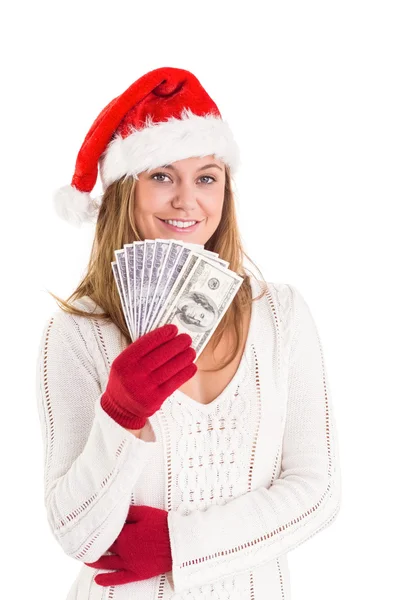 Festive blonde showing fan of dollars — Stock Photo, Image